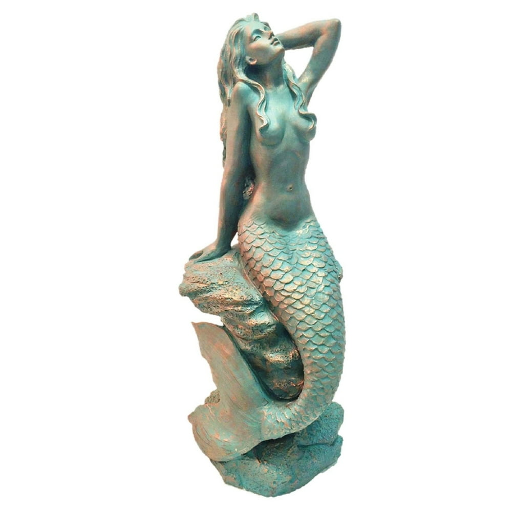 Homestyles 28 in. Giant Sexy Mermaid Sitting on Coastal Rock In Bronze