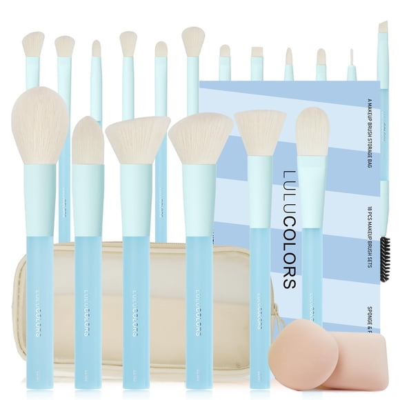 Juego de brochas de maquillaje LULUCOLORS azul claro de 18 piezas con bolsa y esponjas