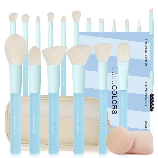 Juego de brochas de maquillaje LULUCOLORS azul claro de 18 piezas con bolsa y esponjas
