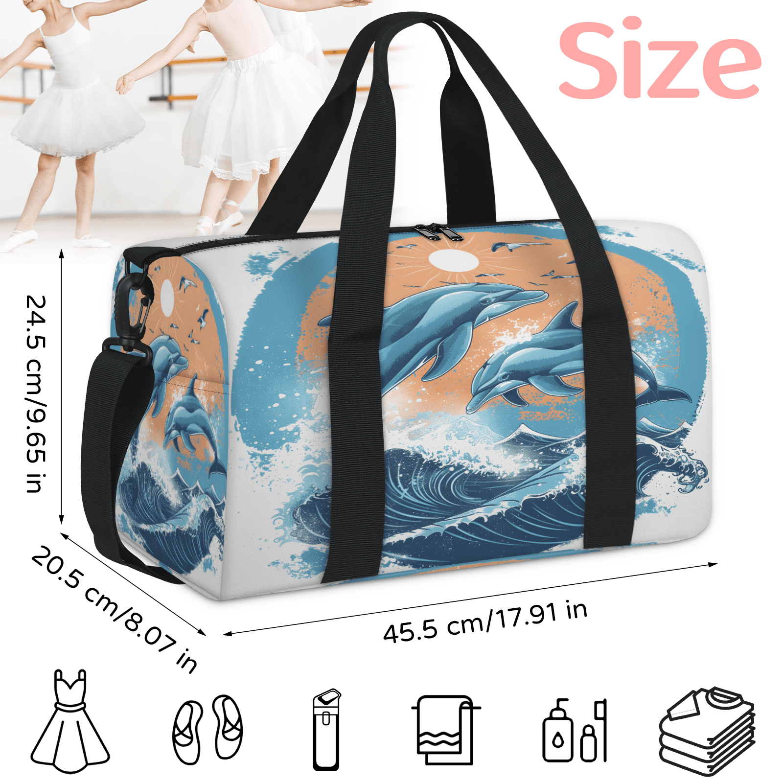 Herdesigns Dolphin Travel Duffle Bag Sports Yoga Weekender Overnight Carry on Workout Bags Lightweight Waterproof Gym Tote Bag for Women Sea Animals Blue Ocean