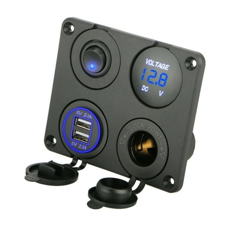 - 4 in 1 Multifunction Panel Power Outlet Socket Charger with 12V Cigarette Socket, Blue Digital Voltmeter, Double USB Power outlet Socket, ON-OFF Toggle Switch
