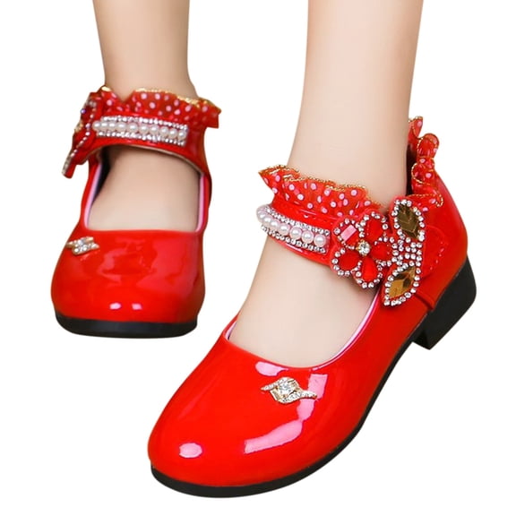 GiLiling Girls Mary Jane Dress Shoes, Polka Dot Lace Ankle Strap, Floral Crystal Applique, Low Heel Princess Flats for Party Dance Wedding (Red, 9.5-10 Years)