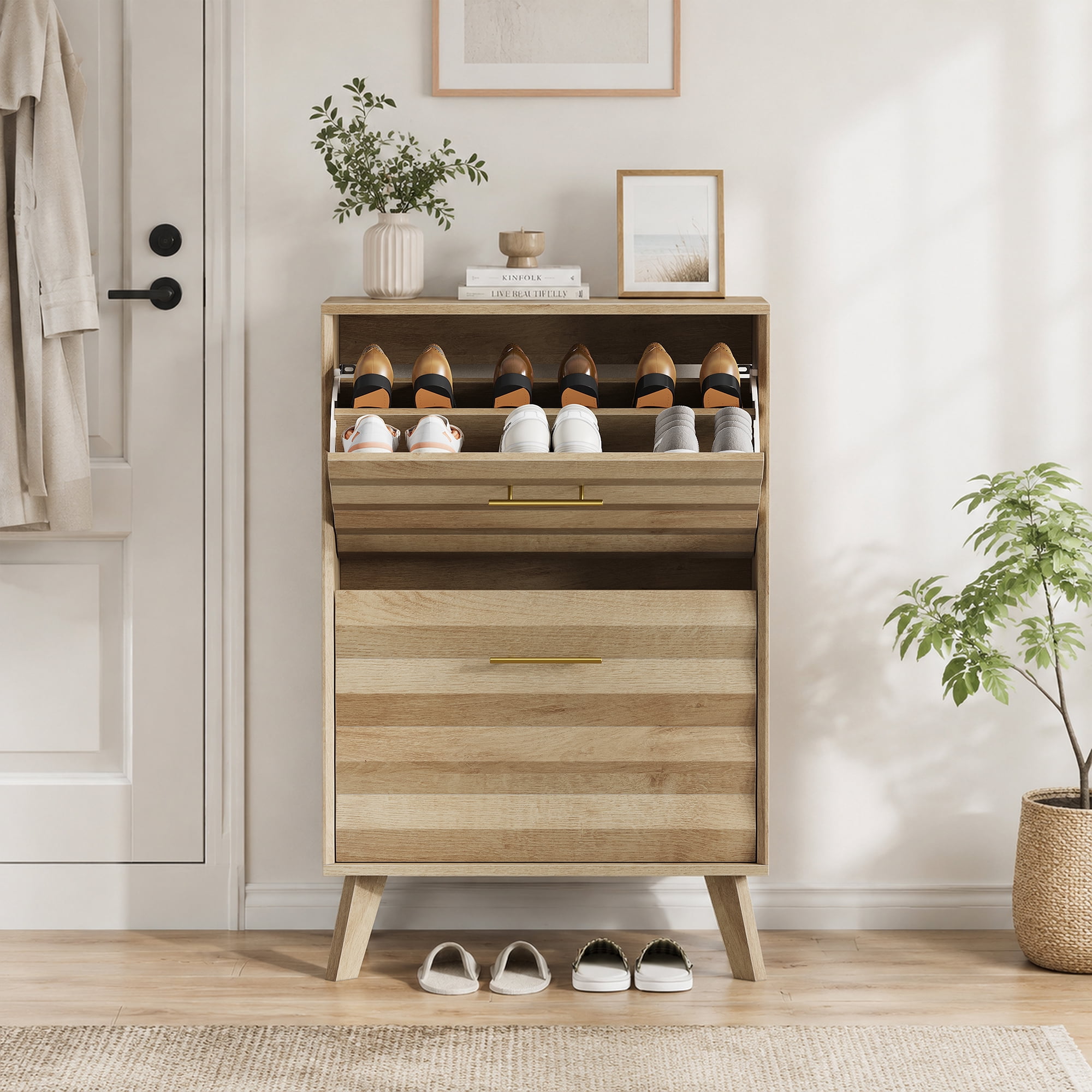 23.6 Inch Oak Slim Flip-Top Shoe Cabinet, Mid-Century Freestanding Narrow Entryway Shoe Rack with Gold Handles & Slanted Wood Legs, Large Capacity Double Tilt-Out Shoe Storage Organizer