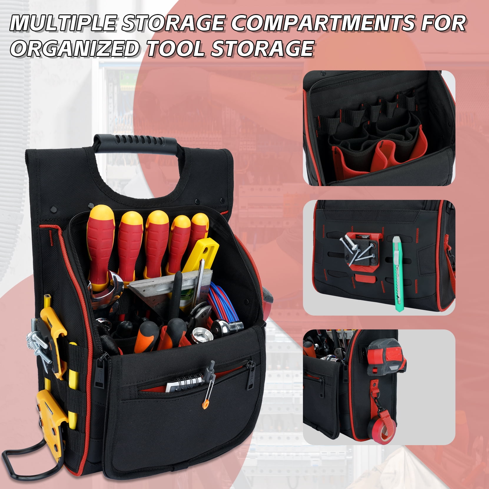 MELOTOUGH Electrician Tool Pouch with Shoulder Strap, Zippered Flip Cover Tool Pouch Bag with Multiple Storage Pockets for Electricians, Technicians, Maintenance