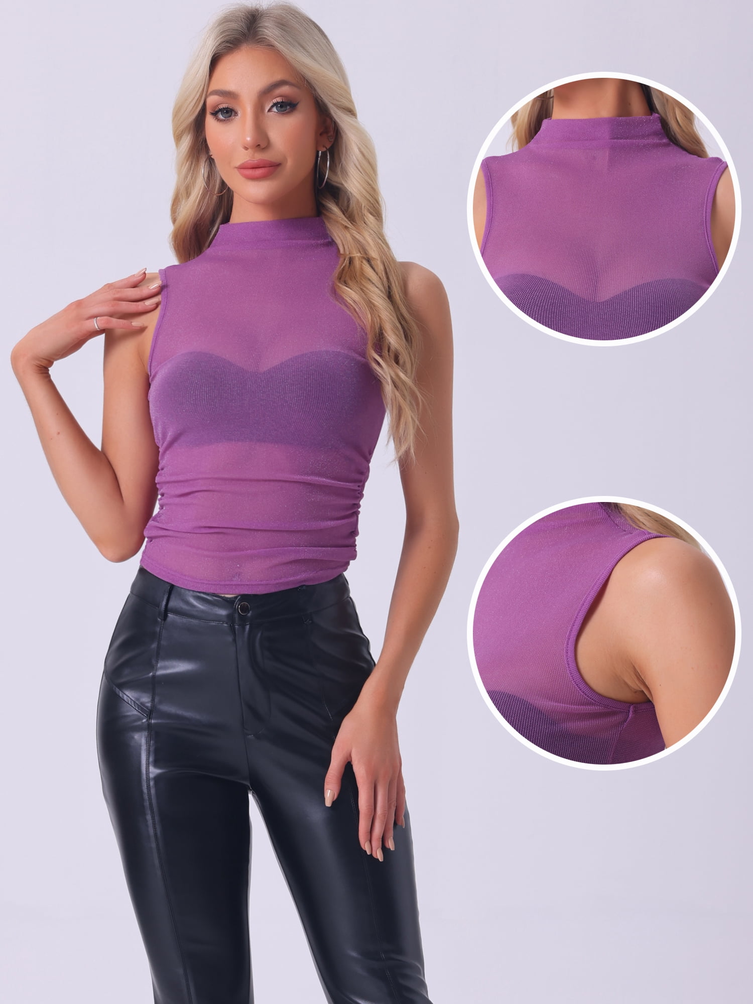 DARING DIVA Women's Summer Mock Neck Ruched Semi Sheer Y2K Tank Tops L Purple