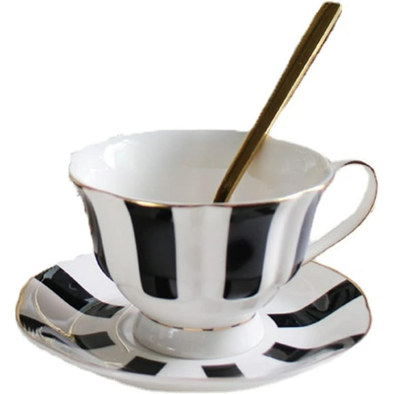 200ML Retro Mug British Tea Coffe Cup with Saucer Set Black Striped Patter Low Bone China Ceramic Cup Drinkware Mug