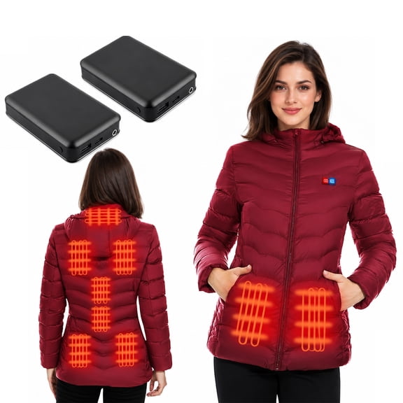 Heated Jacket for women with 2PCS 10000mAh Power Bank, 9 Heating Areas Winter Slim Fit Jackets and Detachable Hood(S)