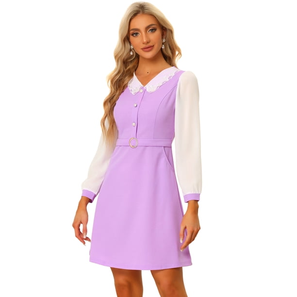 Vestido Midi Elegante Con color De Contraste Y Cuello En V de Manga Larga Para Mujer Morado Claro XL
