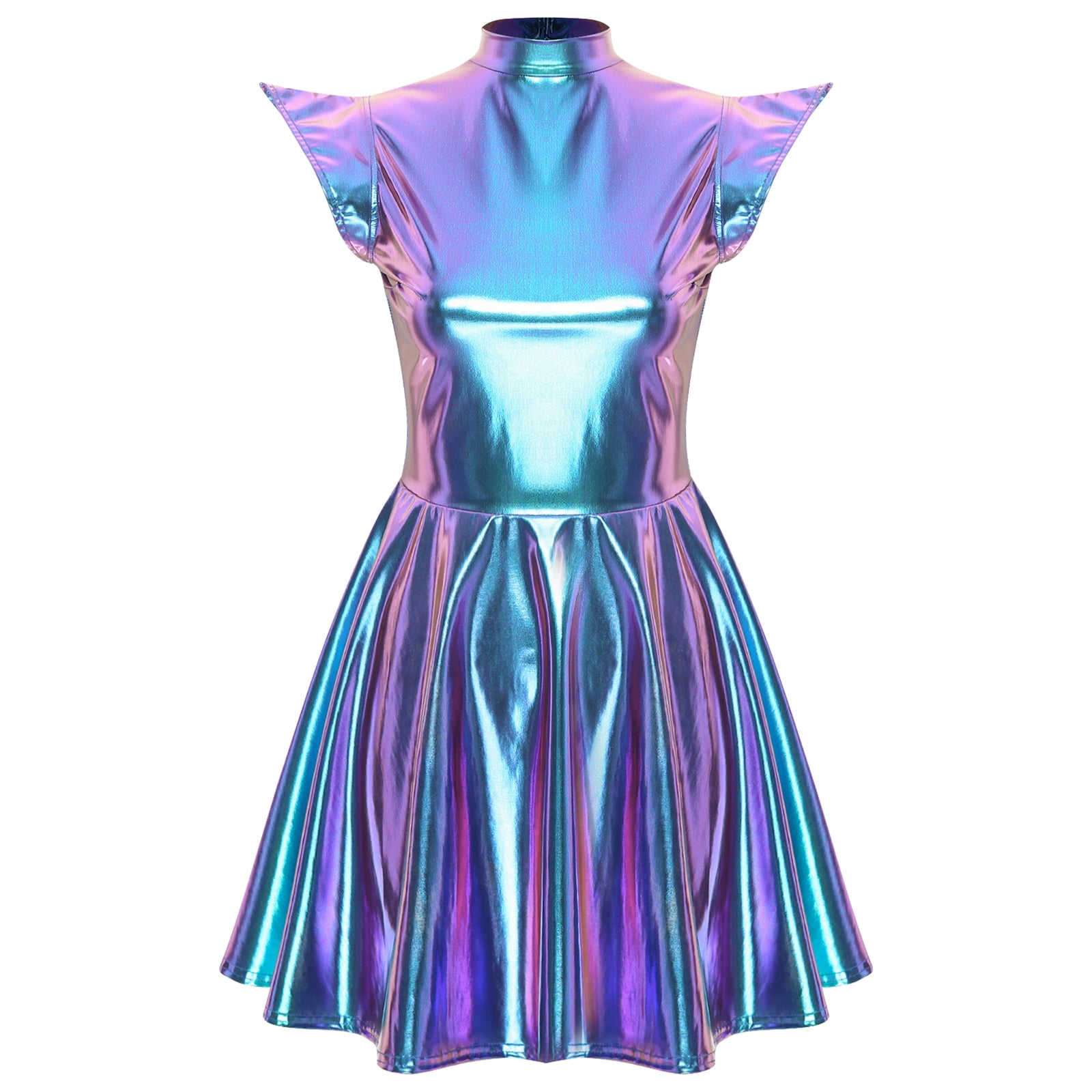 TiaoBug Women's Metallic Sleeveless Club Disco Holographic Dress Wet Look Pleated Dresses Blue L