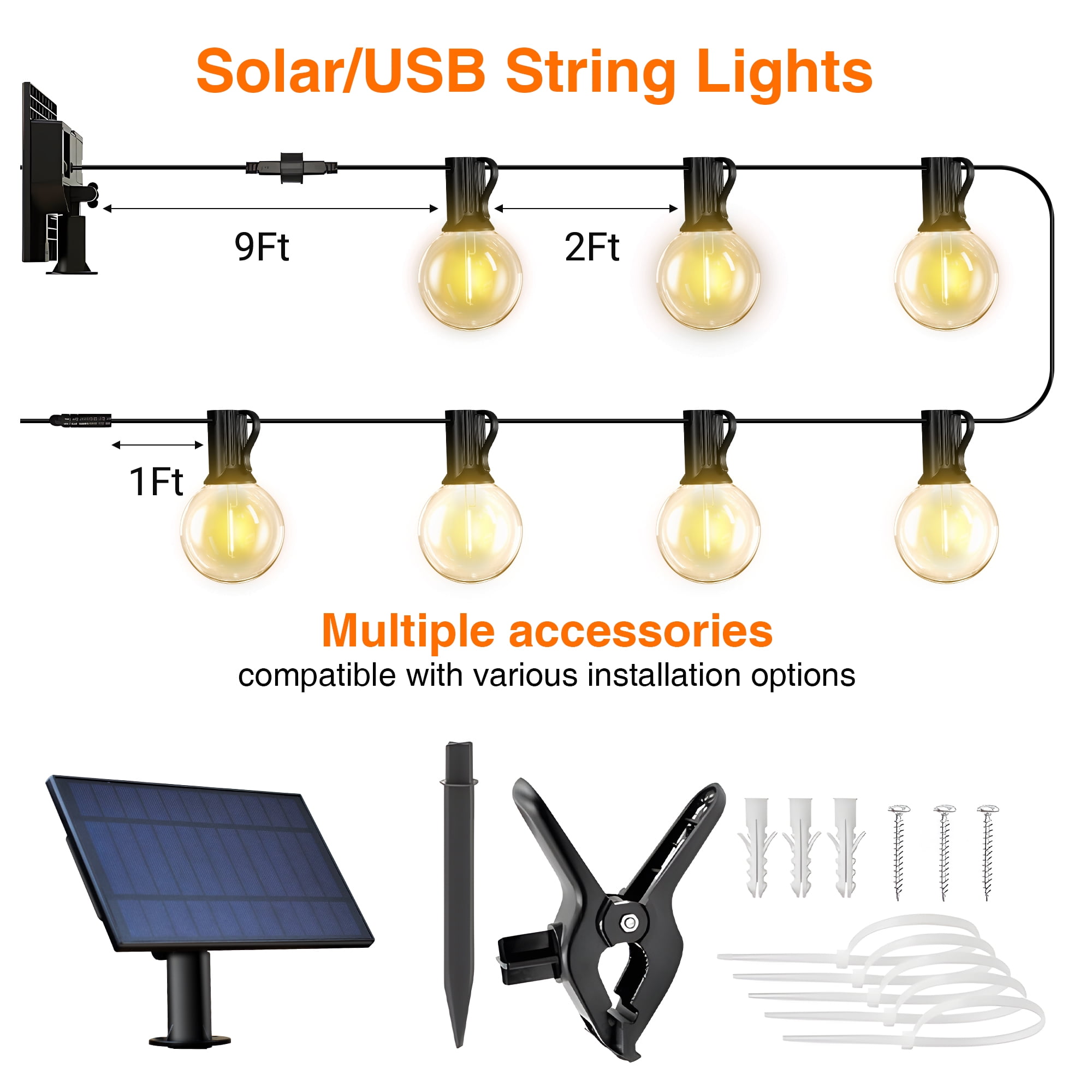 Phopollo Solar Outdoor Lights, G40 50FT Patio Lights 25 Shatterproof Bulbs,Remote control,USB powered,Waterproof Hanging Lights for Backyard Garden Porch Decor