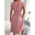 thumbnail image 2 of Women's Ditsy Floral Pleated Belted Midi Dress Round Neck Short Sleeves A Line Hem Casual Chic 60% Polyester Dress, 2 of 13