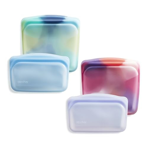 Stasher Sacs de Rangement Alimentaires Réutilisables en Silicone Premium, Lot de 4, Sacs de Rangement Alimentaires Multi-Usages, Sac à Lunch, Contenants de Voyage / Sans BPA, Étanches, Lavables au Lave-Vaisselle, Écologiques