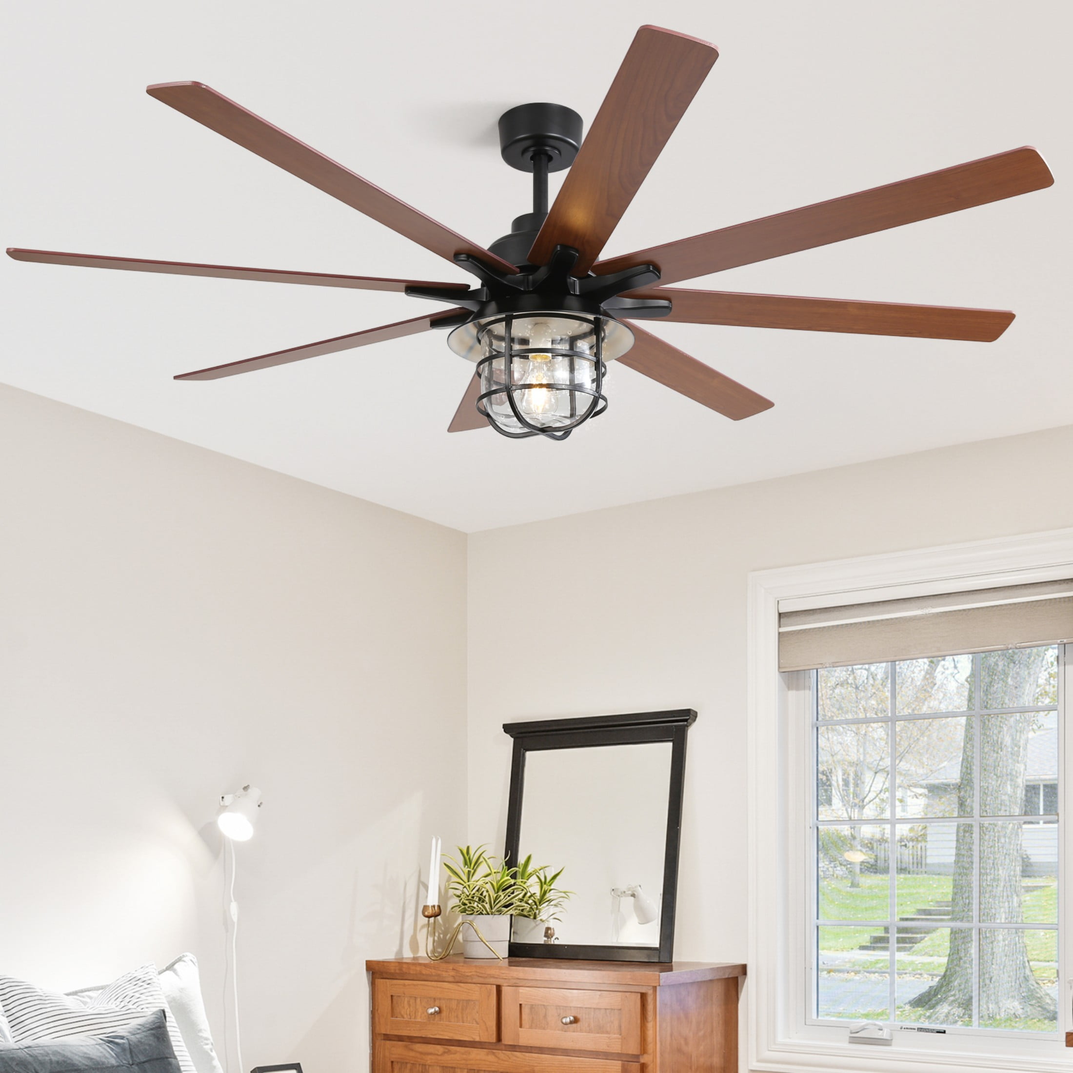 Sofucor 60 Inch Farmhouse Ceiling Fan with Light and Remote Control, 8 Blade Modern Low Profile Fan with 3 Downrod for Outdoor Indoor Patio Bedroom Living Room, Max Airflow 7000CFM, Bulb Replaceable
