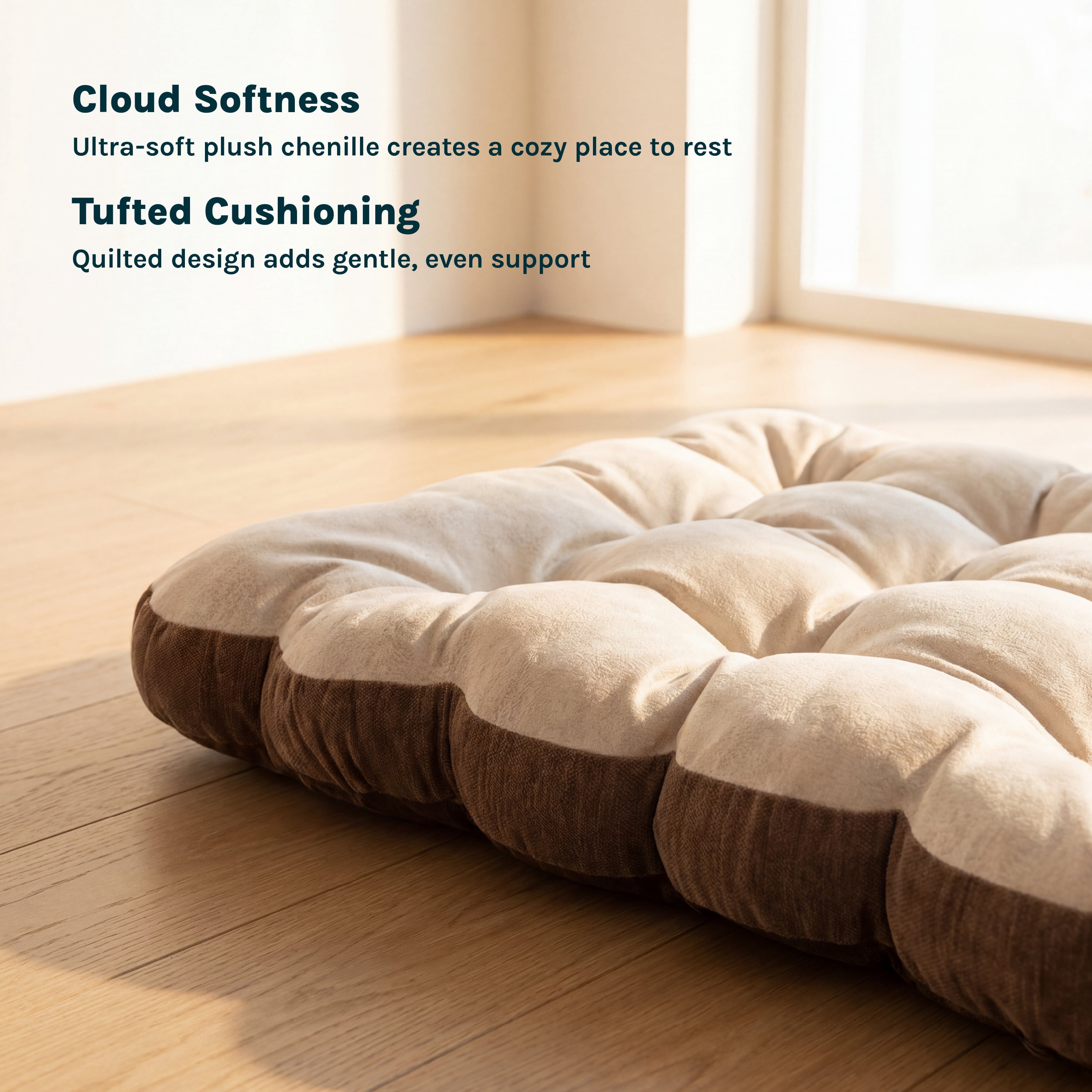 SportPet Designs Tufted Sherpa Cushion Pet Bed, Tan, Small 24 in x 17.5 in