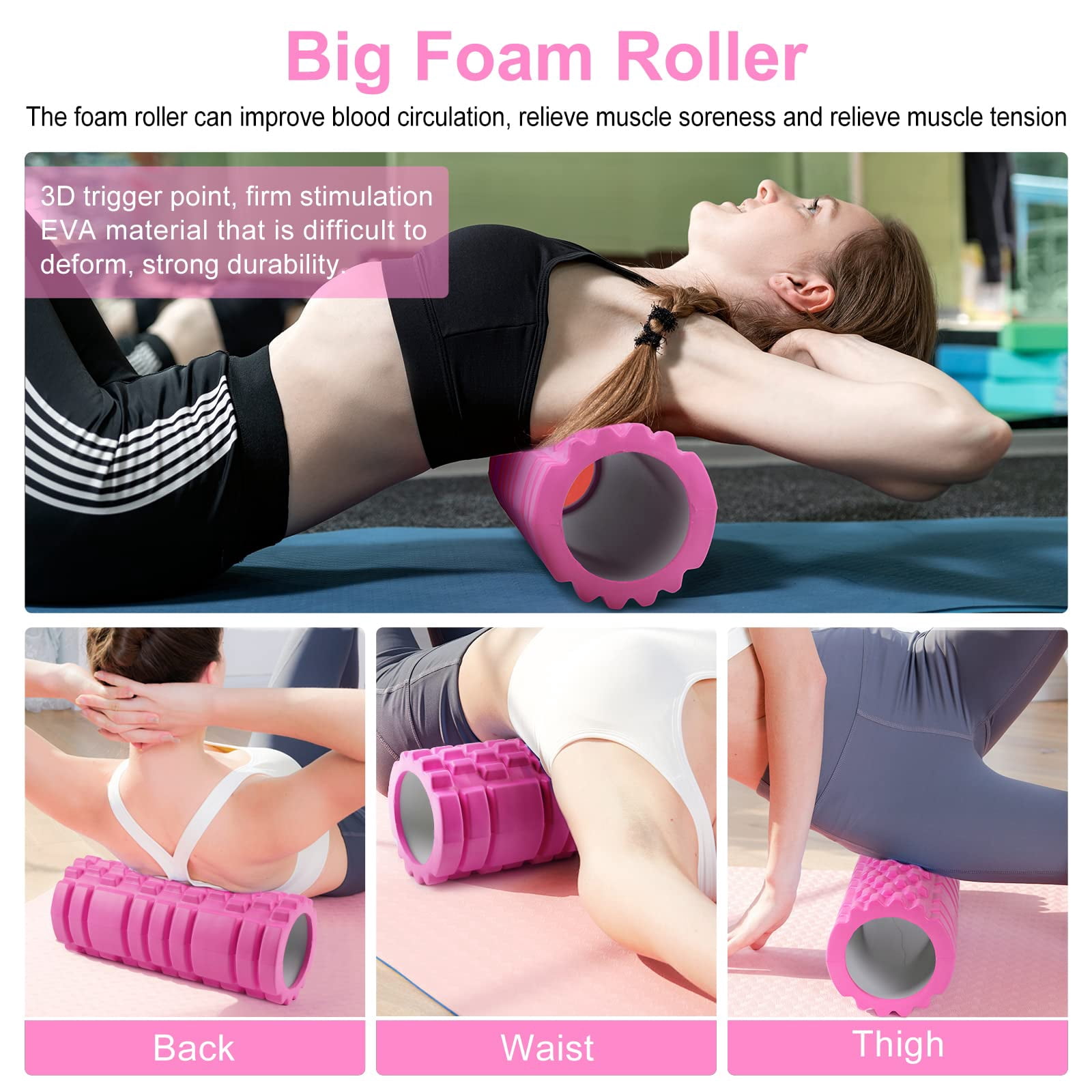 5 In 1 Foam Roller Set Includes Hollow Core Massage  Yoga Stick Ball Fitness Stretching Strap Carrying Bag Towel (pink)