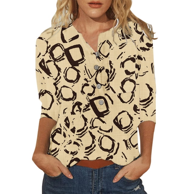 Gibobby Playera Termica Para Mujer Buttons Blouse Womens Printing T Shirt O Neck Fashion Women's Blouse(Marrón, S)