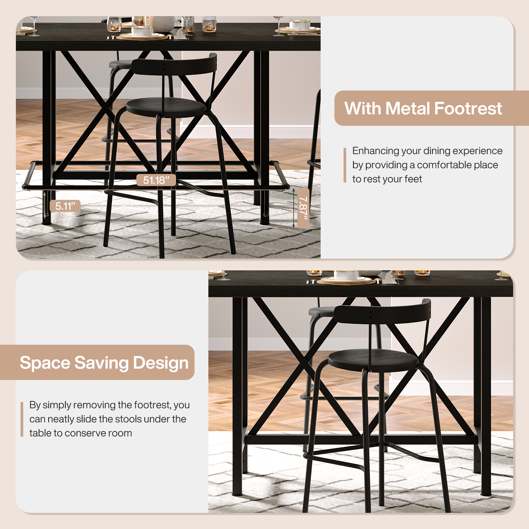 Fnova 35.4" Tall Dining Table, Rectangular Counter Height Kitchen Table with Metal Footrest for 6 People
