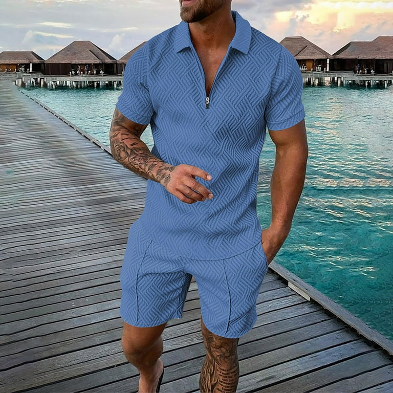 B91xZ Shirts For Men Men's Shirt And Shorts Set Summer Outfits Casual Short  Sleeve Suit For Men 2 Piece Mens T Shirts Pack Polo Shirts For Men Sky Blue  XXL 