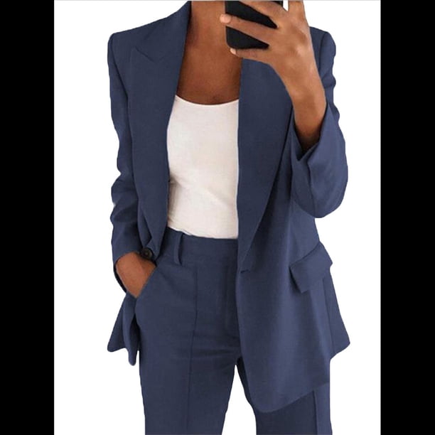 Conjuntos de 2 Piezas para Mujer, Grandes, Estilo Informal de Negocios, Larga, Solapa, Pantalón Recto, Trajes. Azul Oscuro M