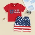 thumbnail image 3 of Toddler Baby Boys Outfits for 4th of July 6 12 18 24 Months 2T 3T 4T Fuzzy Letter Embroidery Short Sleeve T-Shirts Tops Stripe Stars Print Shorts 2Pcs Clothes Set, 3 of 10