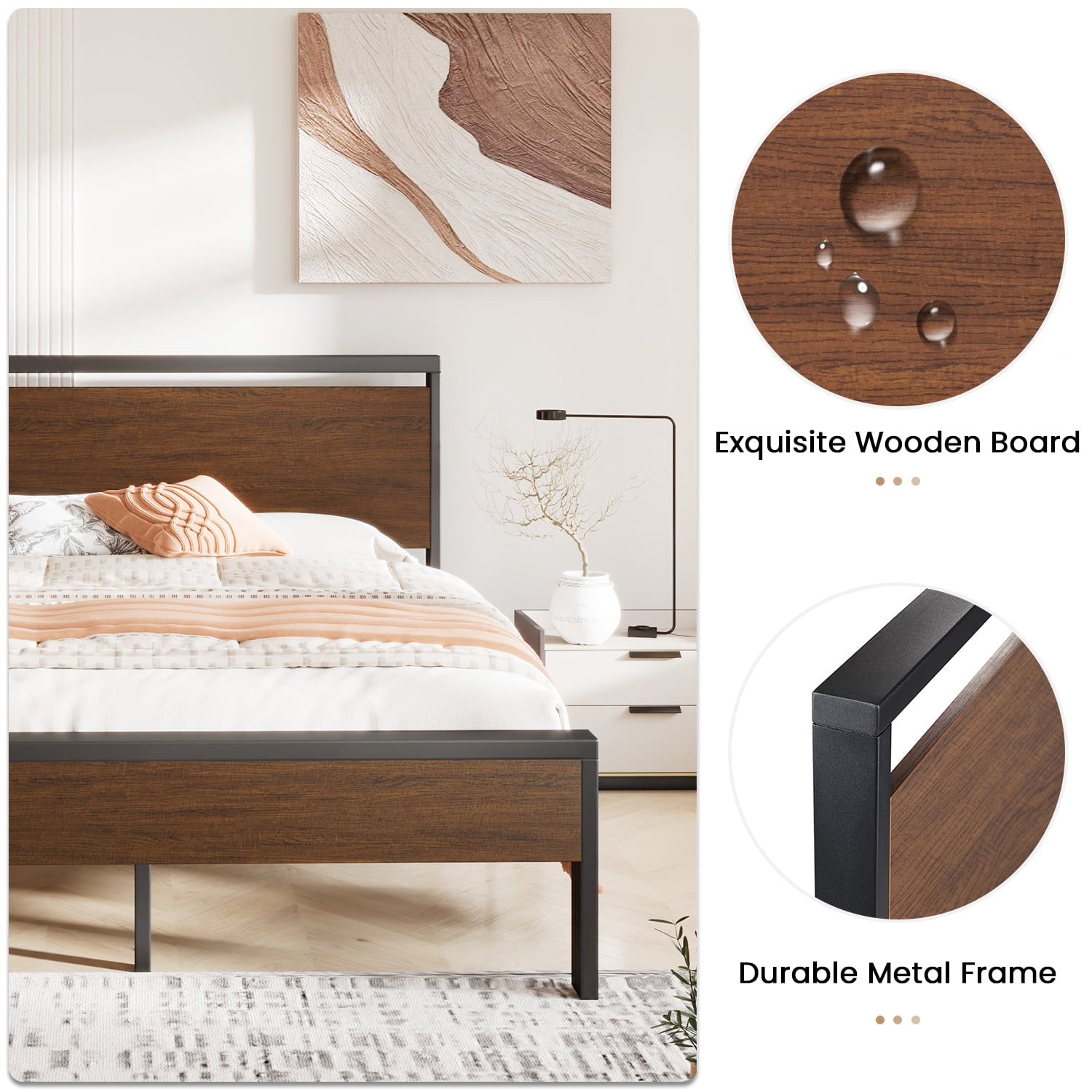 Sha Cerlin Walnut Queen Size Metal Platform Bed Frame with Wooden Headboard & Footboard, Adult