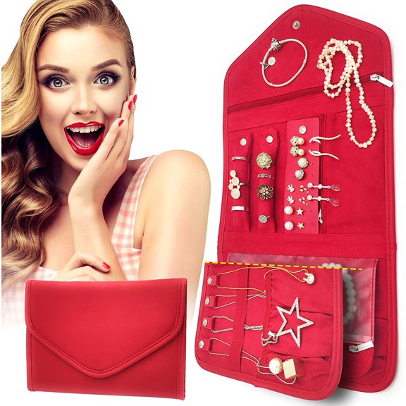 Nobix Jewelry Travel Case Foldable Jewelry Organizer Storage Case, Red