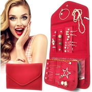 Nobix Travel Jewelry Organizer Roll Foldable Jewelry Case for Journey - Rings, Necklaces, Bracelets, Earrings (Red)
