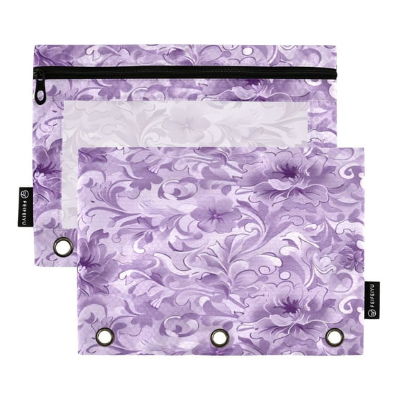 2 Pack Pencil Bag 9.84x6.1 Inch 3-Ring Page Turning Folder Zipper Pencil Case Pencil Bag Page Turning File BagPurple Flower
