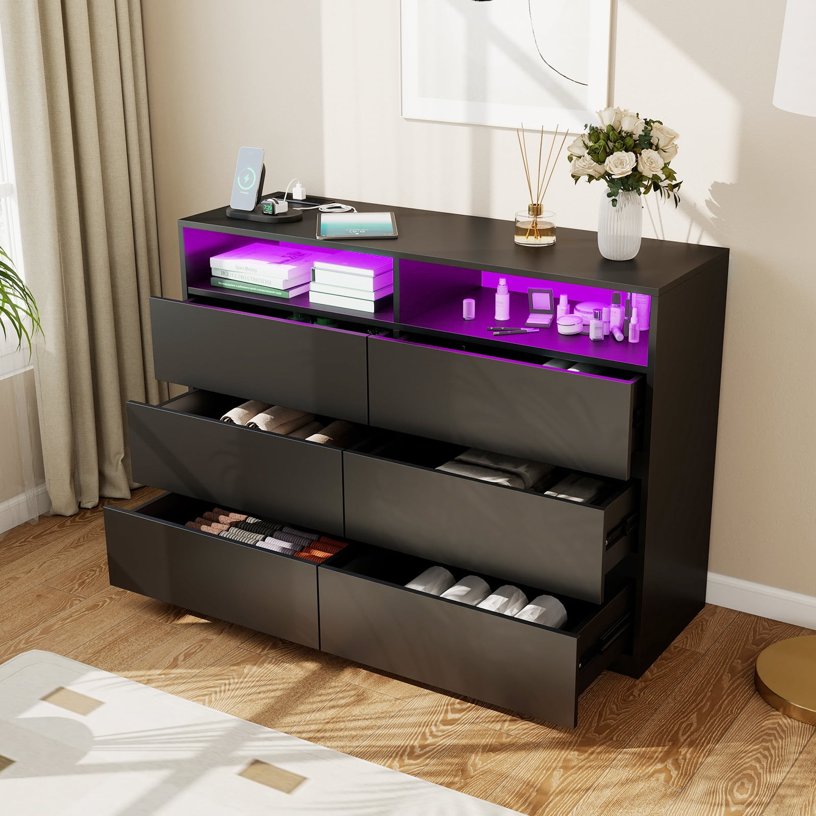 Black Dresser for Bedroom 6 Drawer with LED Lights & Power Outlet Modern TV Stand Double Dresser Wide Chest of Drawers Storage Cabinet for Bedroom,Game Room
