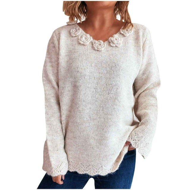 Ailaofu Womens Wool Blend Embroidery Floral Oversized Fit Sweater Trendy 2025