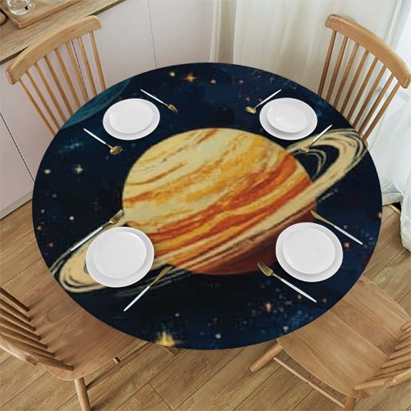 Round Fitted Table Cloth Outer Space Planet Elastic Tablecloth for Round Tables, Galaxy Solar System