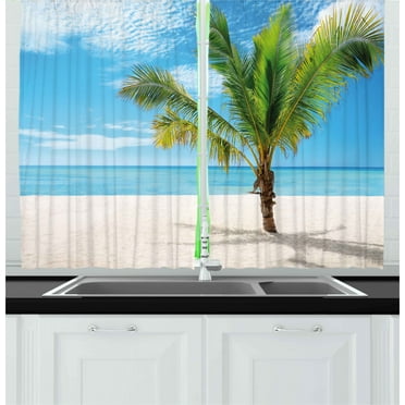 Ambesonne Tropical Kitchen Curtains, Coconut Palm at Beach, 55"x39", Blue Cream Green