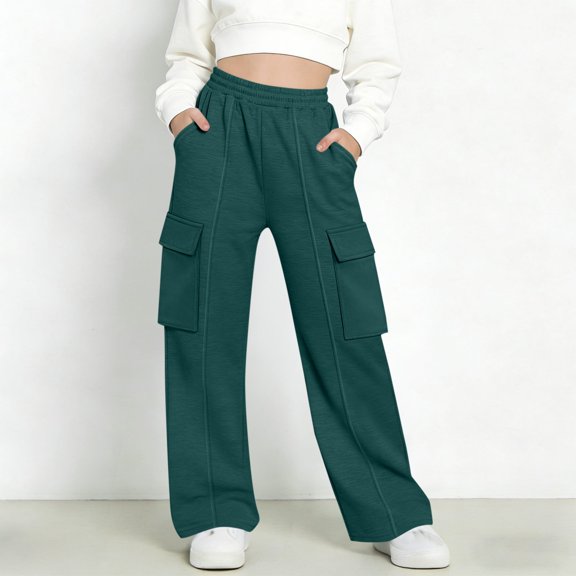 Girls Solid Sweatpants Straight Leg Elastic Waist Baggy Pants Teens Trendy Casual Comfy Trousers with Pockets Green 9-10 Years