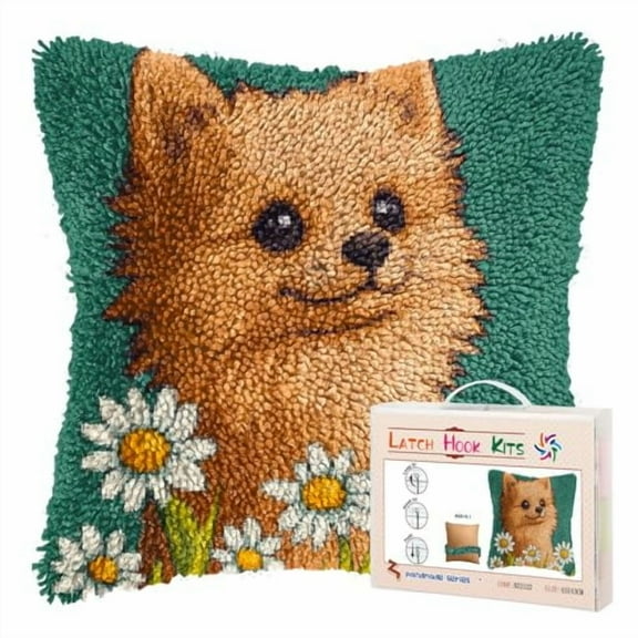 DIY Latch Hook Pillow Kits for Adults Cute Pomeranian Dog and Daisy Printed Pillowcase Crochet Yarns Hooking Handmade Pillow Cover Cushion for Home Sofa Decor 17x17inch(1)