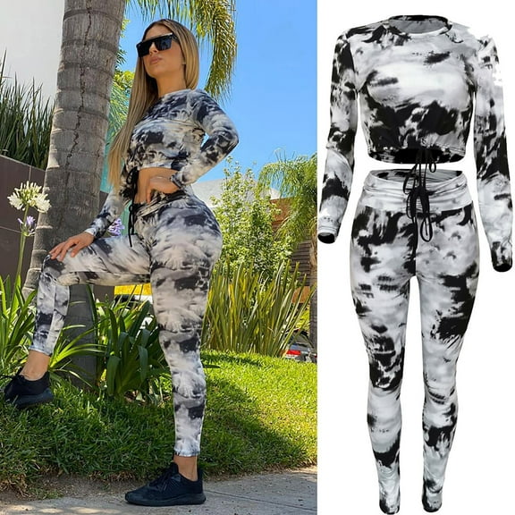 Itsame Sweatsuits 2pcs Sets for Womens Long Sleeved Sweatshirt and Pants Printed Round Neck Tie Dyeing Women Athletic Outfit Sets Black Size XL