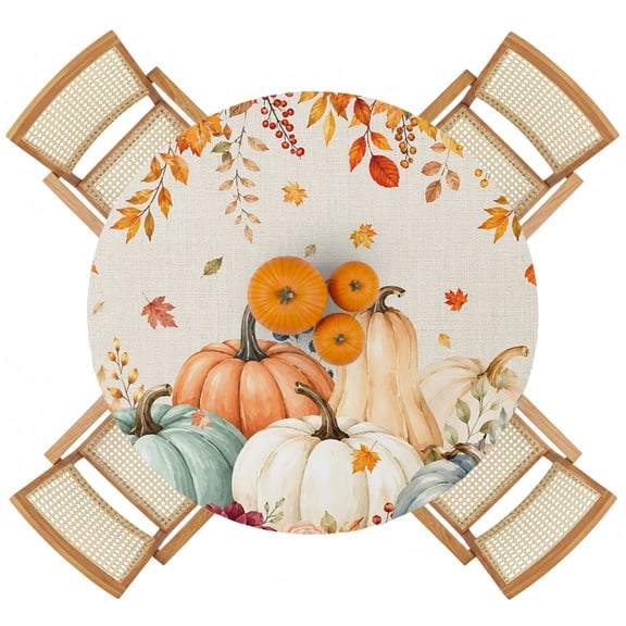Round Fitted Tablecloths with Elastic Edge Orange Pumpkin Autumn Thanksgiving Oil-Proof Waterproof Wipeable Table Cover for Kitchen Dining Party Decor Watercolor Flower Table Clothes,36" - 44"