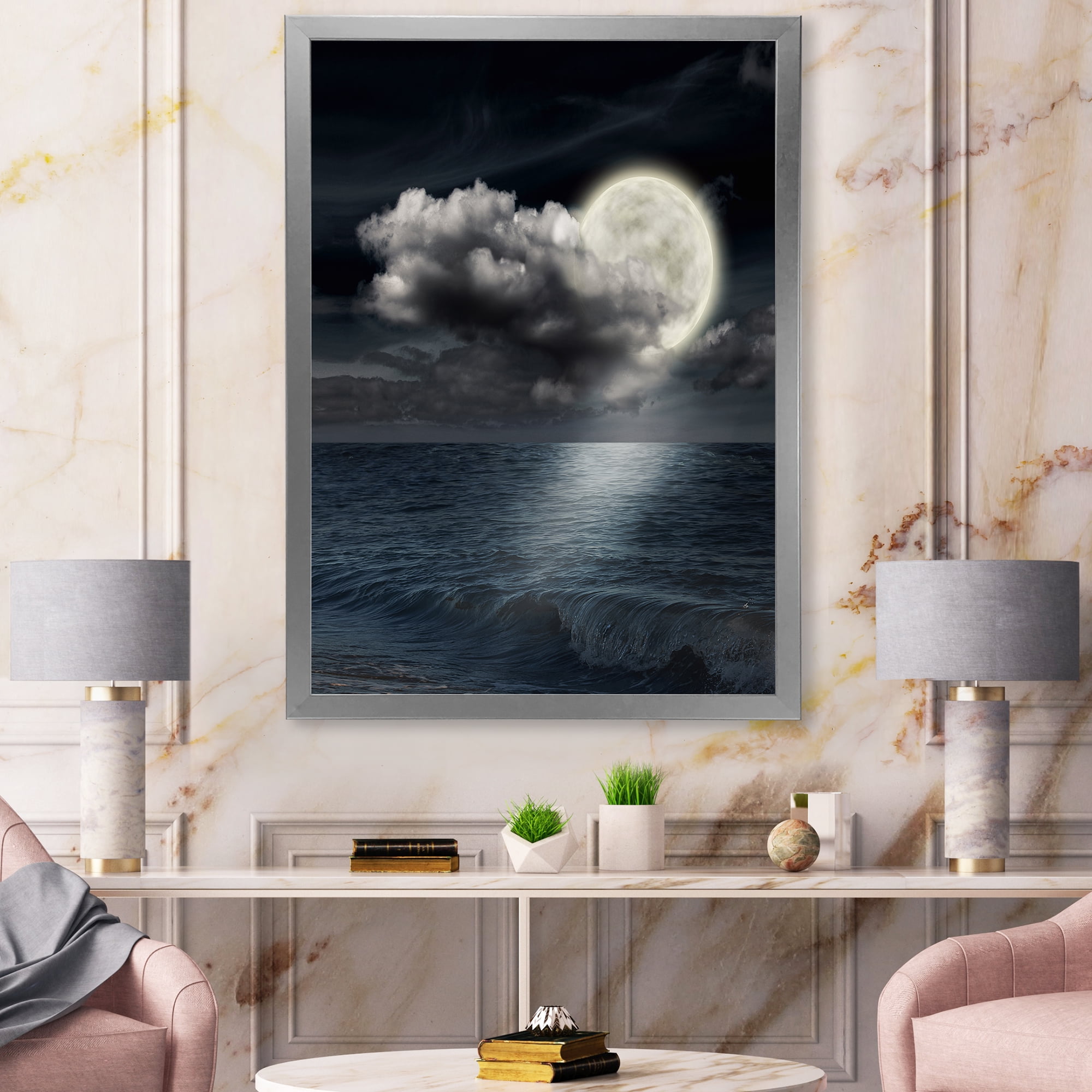Designart 'Full Moon Night in Cloudy Sky VI' Nautical & Coastal Framed Art Print