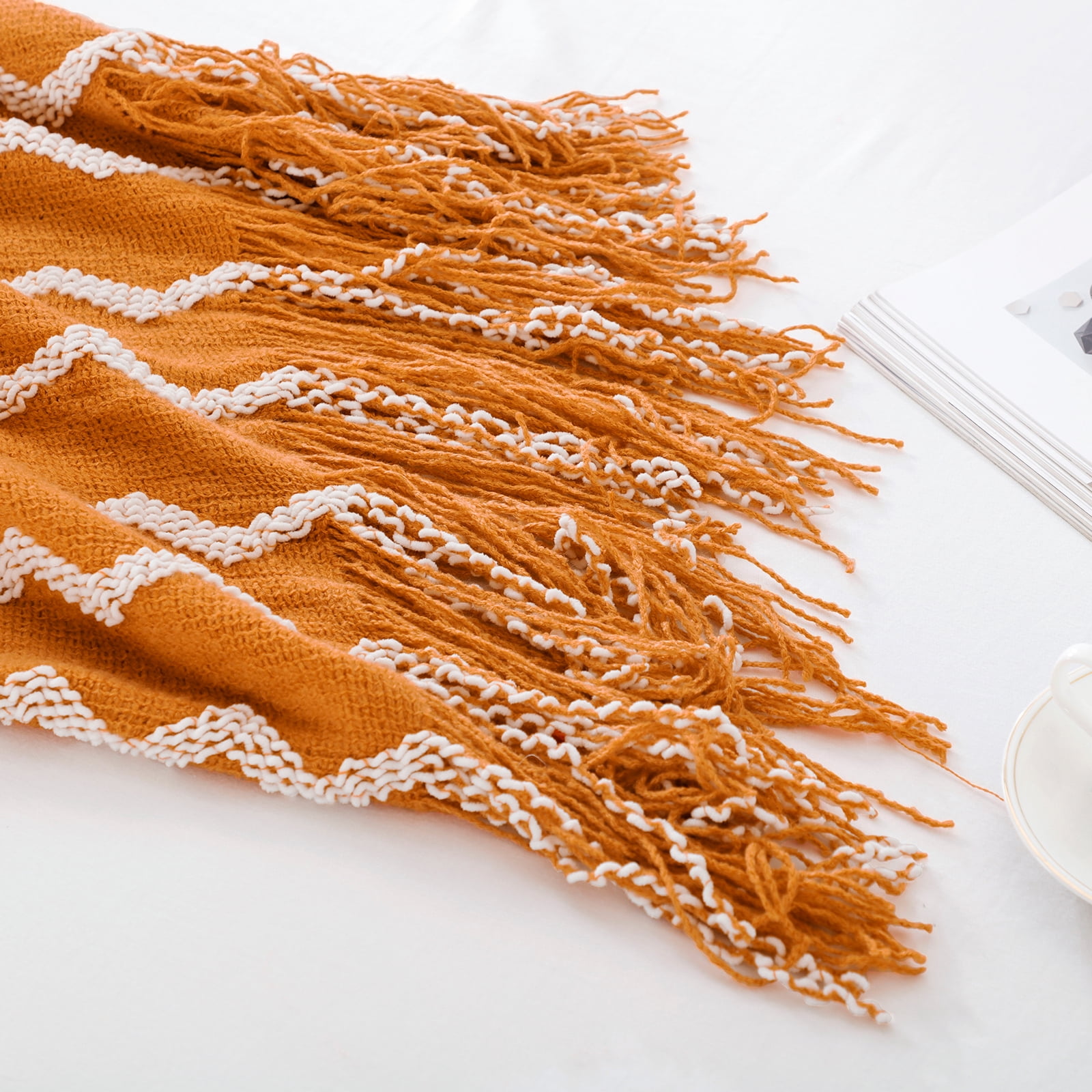 Bourina Fluffy Chenille Knitted Throw Blanket 50" x 60"- Cozy for Sofa, Chair, Orange, Adult
