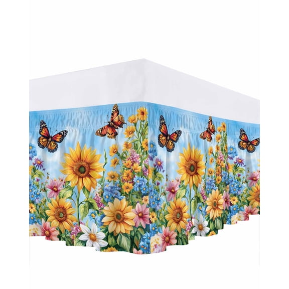 Sunflower Butterfly Ruffle Bed Skirt Queen Size Watercolor Daisy Floral Adjustable Elastic Dust Bed Skirts Wrap Around Bedskirt Wrinkle Free Easy Fit with 16 Inch Drop