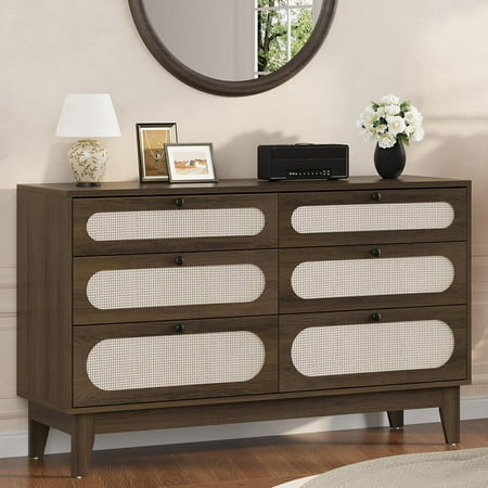Garvee Rattan 6-Drawer Dresser for Bedroom Closet Storage Chest Oak Storage Cabinet for Bedroom Living Room Entryway Hallway Coffee Brown