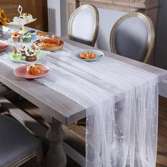 Boovnll Chiffon Table Runner 40x63" Wedding Table Tulle Tablecloth White Transparent Pearl Tulle Fabrics Table Runners Arch Dessert Table Decorations Table Runner