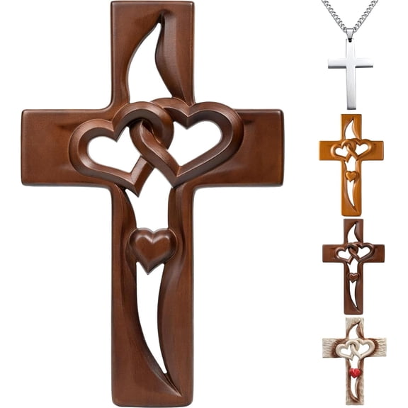 Handmade Wooden Cross with Intertwined Hearts, Hand-Carved Love Cross Wall Decoration, Rustic Wedding Valentine Christmas Gift for Home