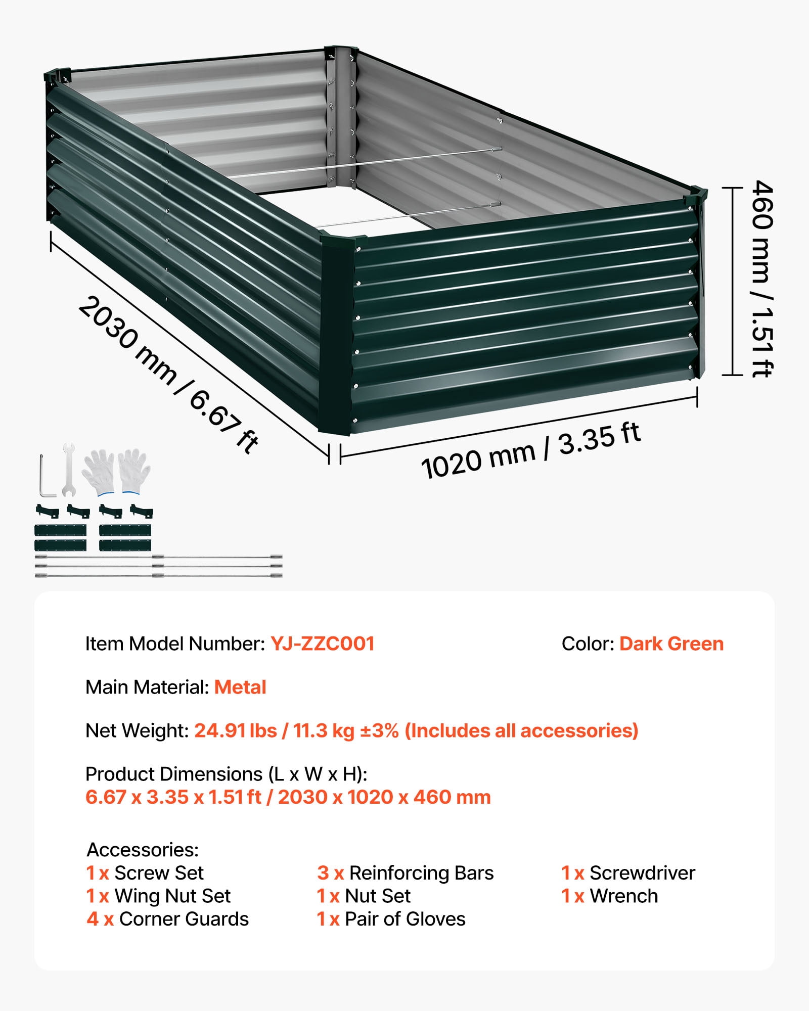 VEVOR Galvanized Raised Garden Bed, 6.67 x 3.35 x 1.51 ft, Rectangular Metal Planter Box Kit Outdoor, Rustproof Elevated Planting Box with Gloves, Alu-Zinc, for Growing Flowers Vegetables, Dark Green