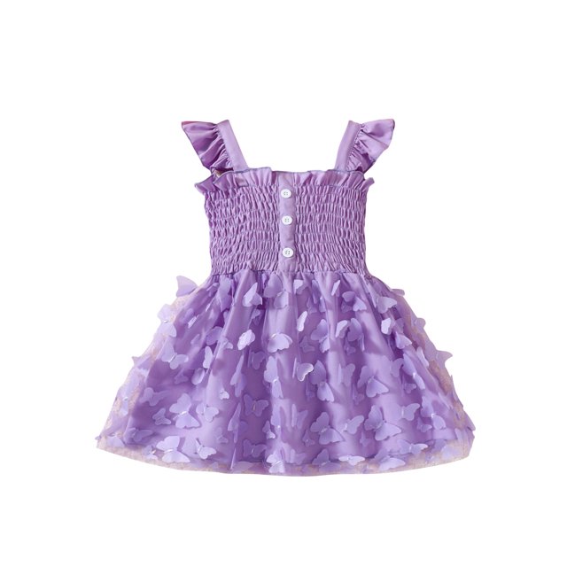 Faithtur Robe d'Été pour Fillettes, Sans Manches Boutonnée devant Robe Ligne A 3D Papillon Couleur Unie
