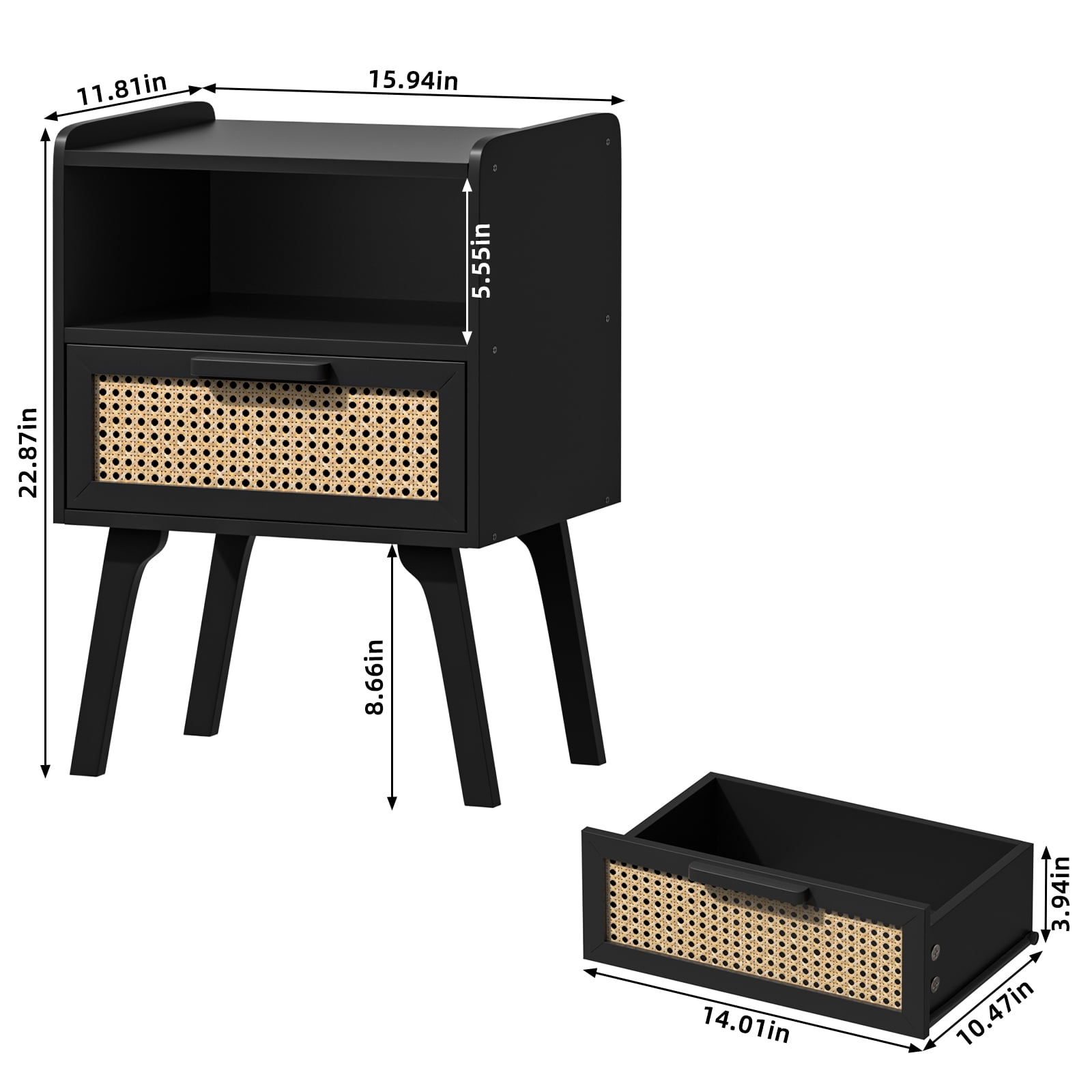 LEYAOYAO 2pc Rattan Nightstand, Modern Wicker Bedside Table with 1 Drawer & Tapered Legs, Boho Tea Color for Small Spaces, Black New