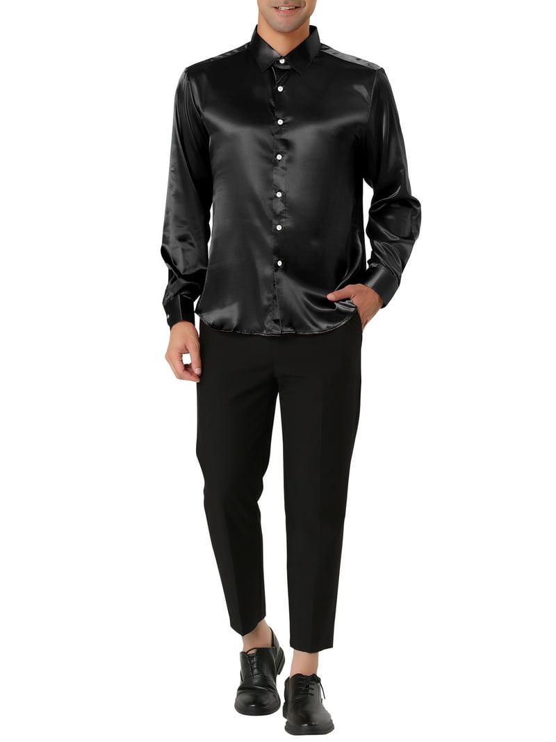 Unique Bargains Men's Satin V Neck Long Sleeve Slim Fit Shirt Black S -  Formal, Comfortable - Walmart.com