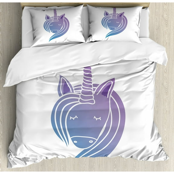Unicorn Queen Size Duvet Cover Set, Silhouette of a Mythical Horse with Horn Doodle Ancient Creature Design, Decorative 3 Piece Bedding Set with 2 Pillow Shams, Lavender and Blue, by Ambesonne