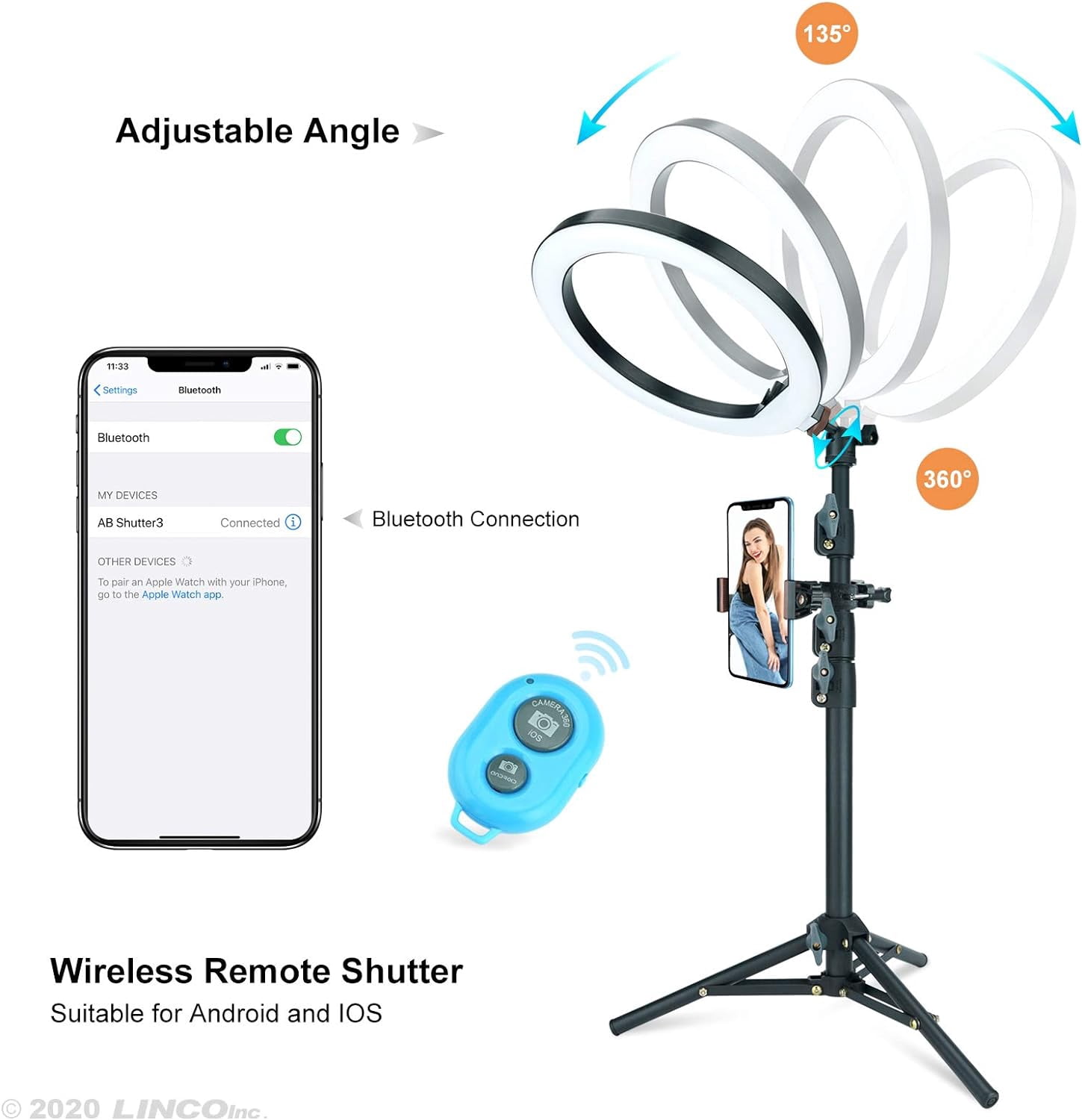 LINCO Dimmable 10in Ring Light Heavy Duty Selfie Stick Tripod Bluetooth Remote 60" for Live Streaming YouTube Video Photography