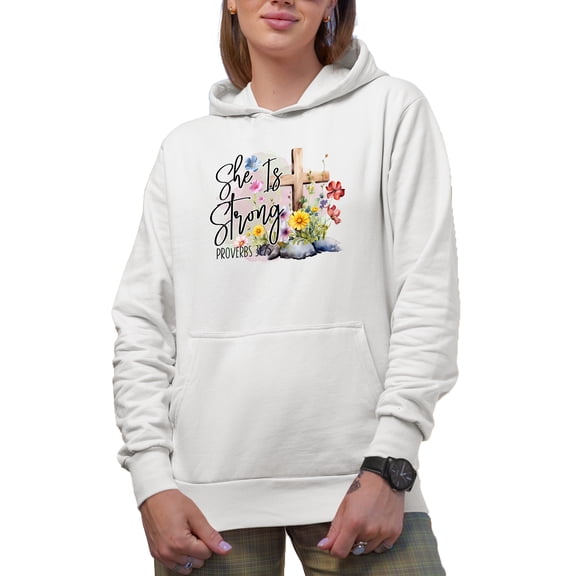She Is Strong Proverbs 31 25 Bible Verse with Watercolor Cross & Flowers Art Merch Gift, White Hooded Sweatshirt or Hoodie, Small