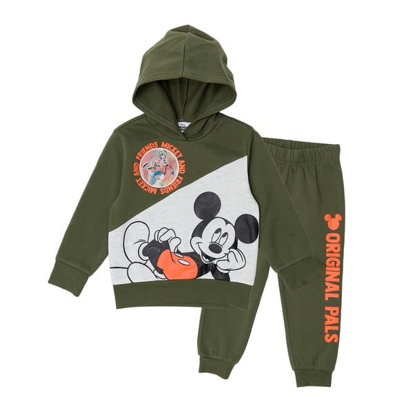 Disney Mickey Mouse Boys Hoodie and Jogger Pants Set with Lenticular Patch, 2-Piece Fleece Outfit (Green, 2T)